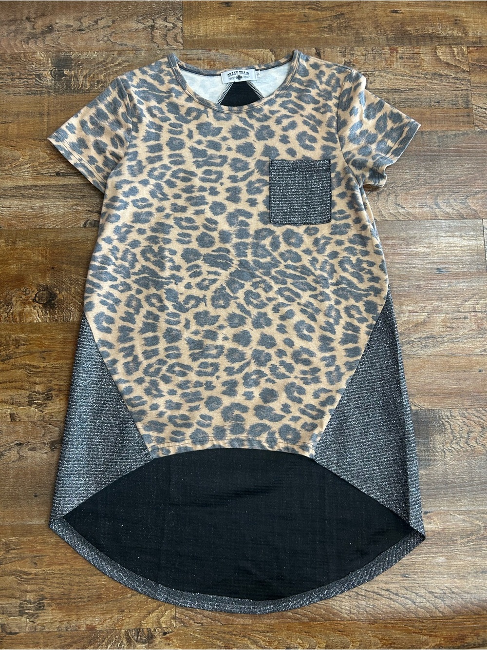 Crazy Train Tan Leopard Short Sleeve High-Low Tee with Gray Accents